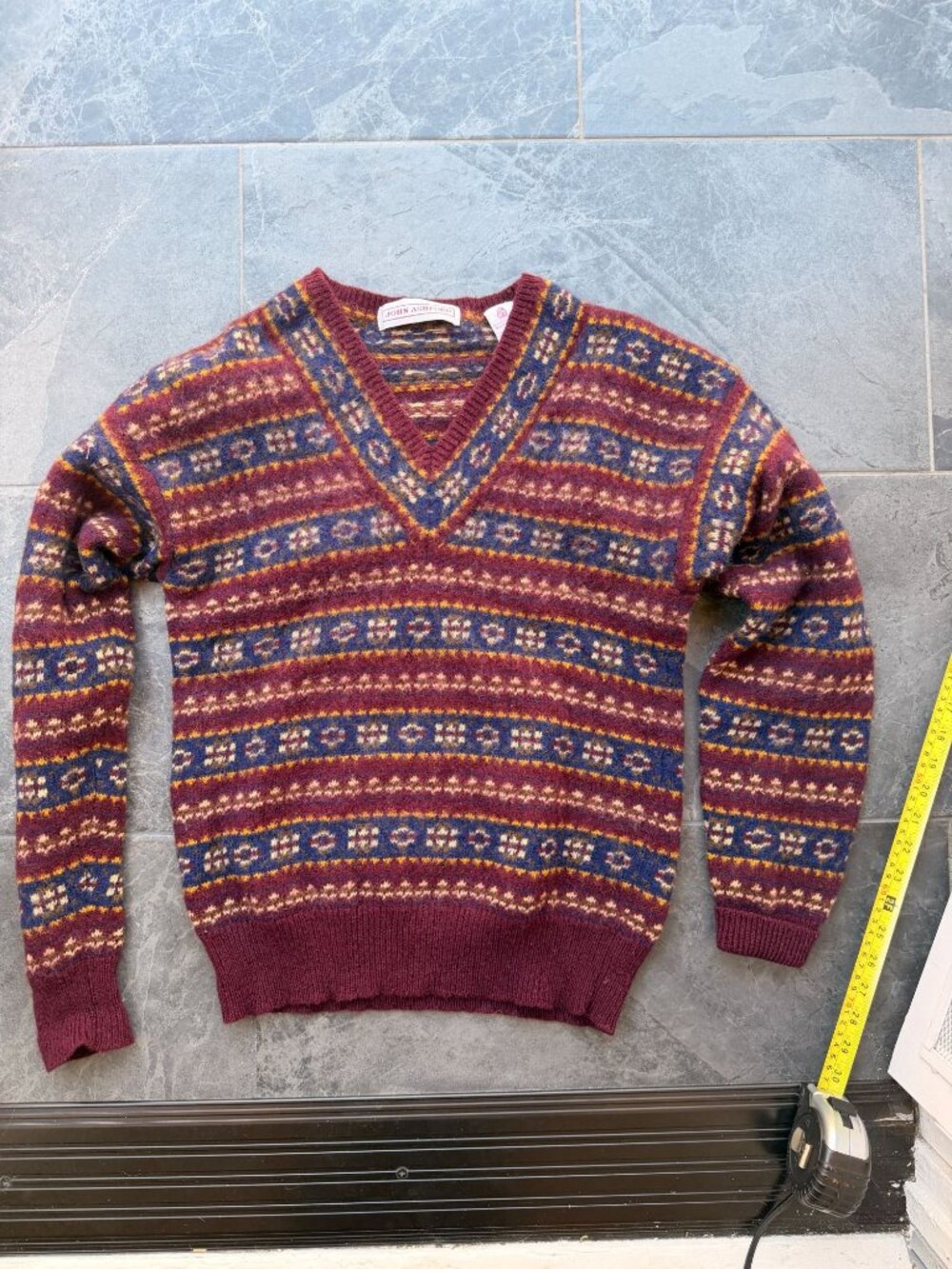 john ashford 100% wool sweater womens xs s red blue print pattern striped fall c